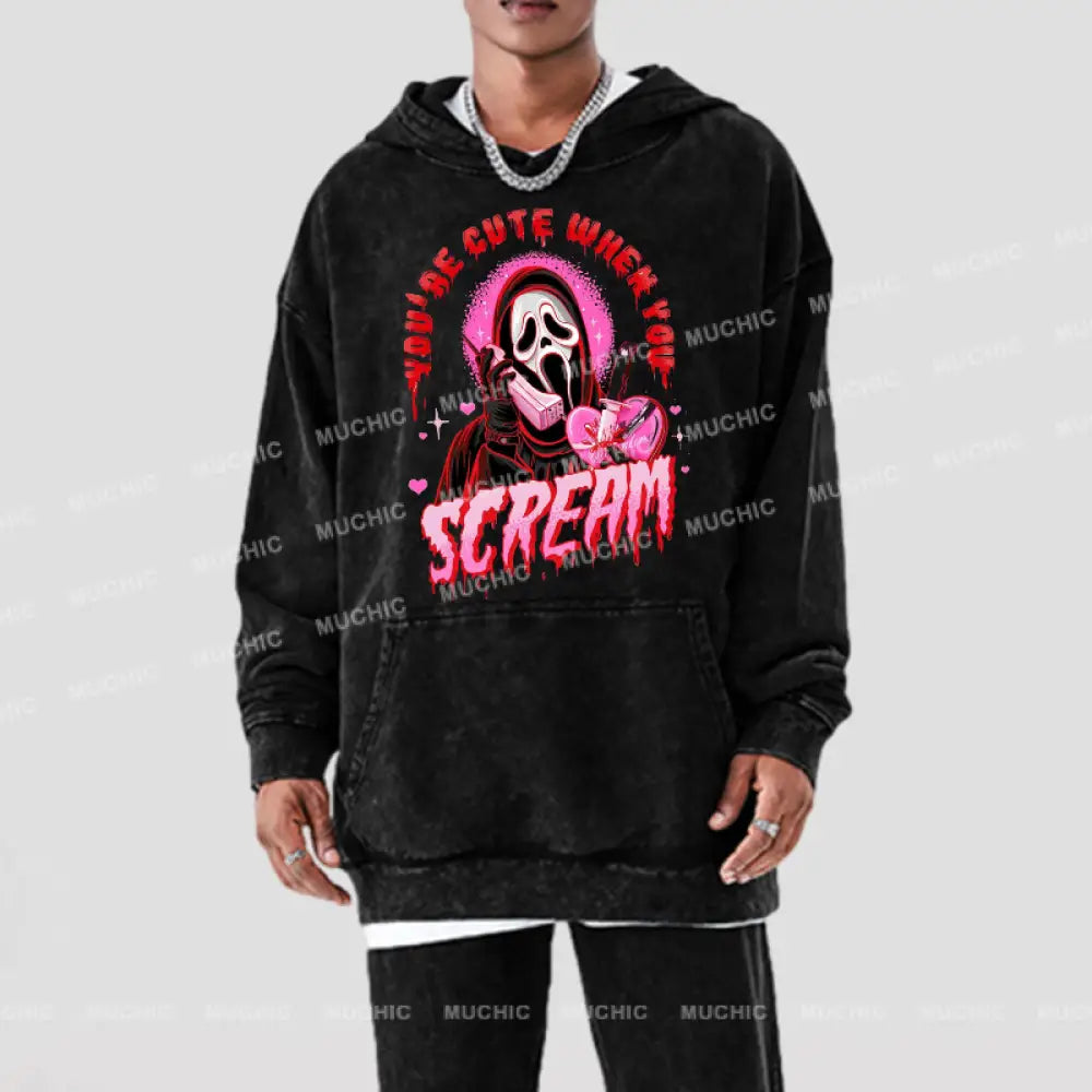 Cute Scream Unisex Printed Casual Washed Hoodie Sweatshirt