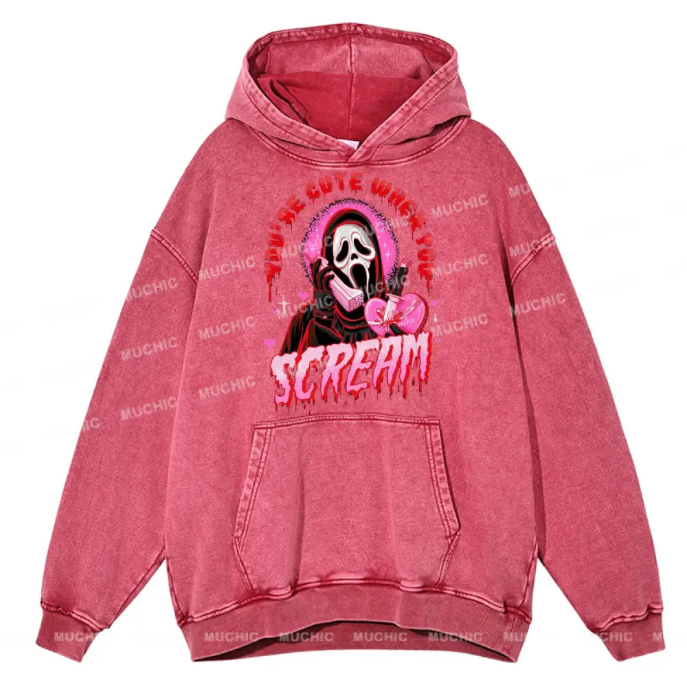 Cute Scream Unisex Printed Casual Washed Hoodie Sweatshirt Hotpink / M