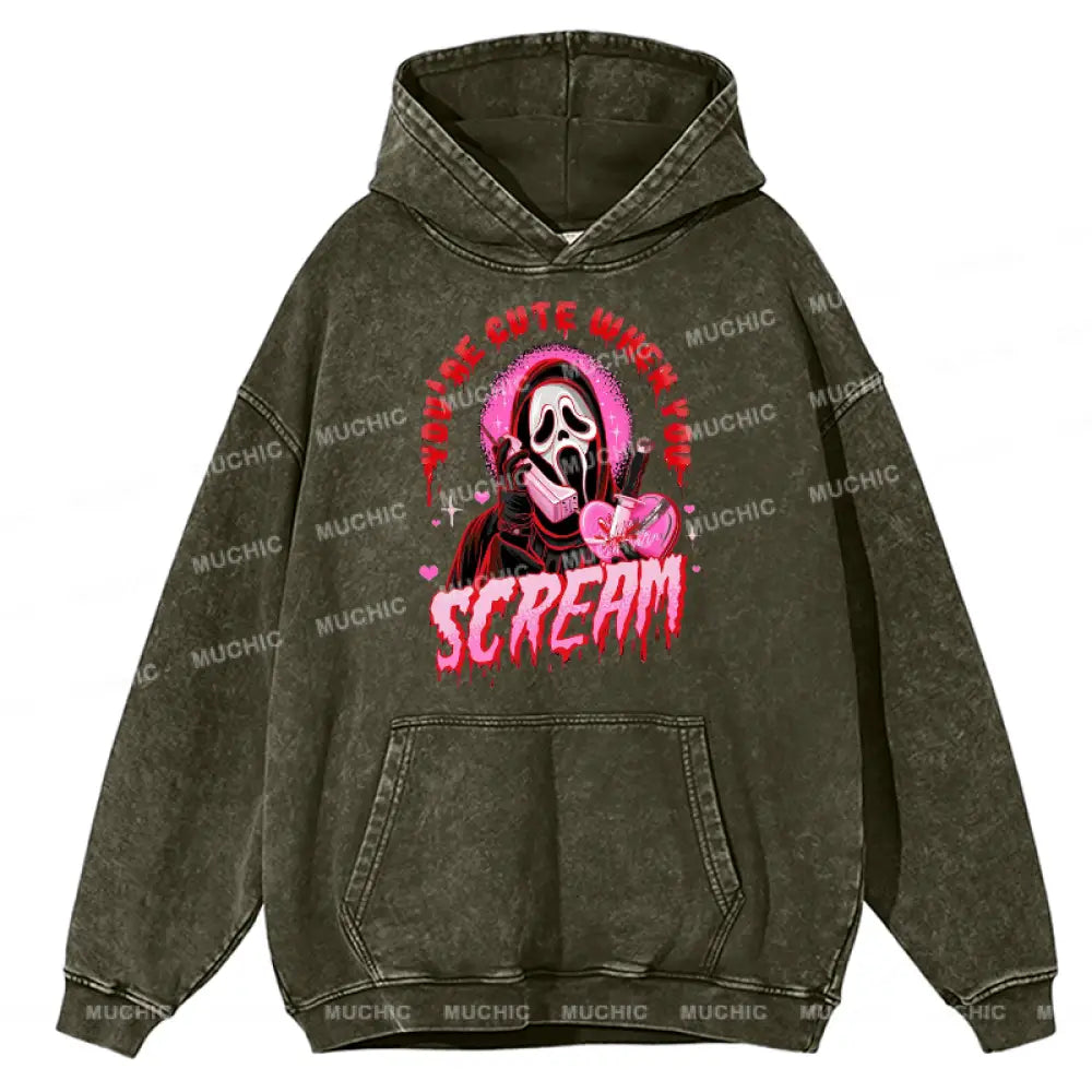 Cute Scream Unisex Printed Casual Washed Hoodie Sweatshirt Olive / M