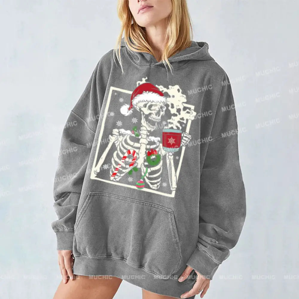 Muchic Dead Inside Skeleton Unisex Printed Casual Washed Plush Thickening Hoodie Sweatshirt