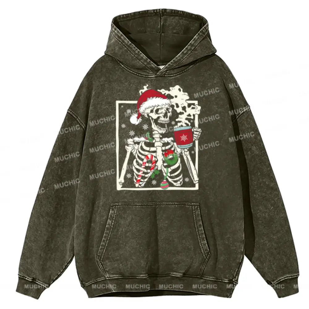 Muchic Dead Inside Skeleton Unisex Printed Casual Washed Plush Thickening Hoodie Sweatshirt Olive /