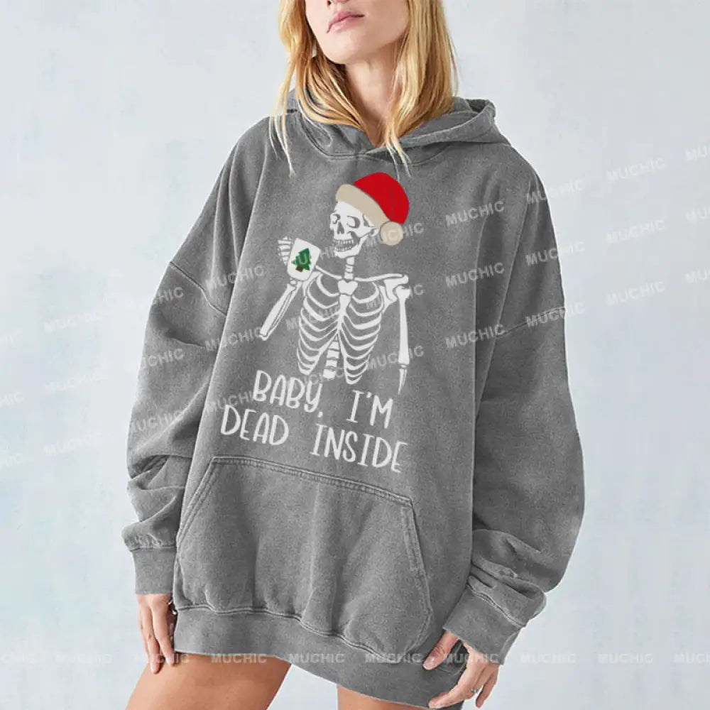 Muchic Dead Inside Unisex Printed Casual Washed Plush Thickening Hoodie Sweatshirt