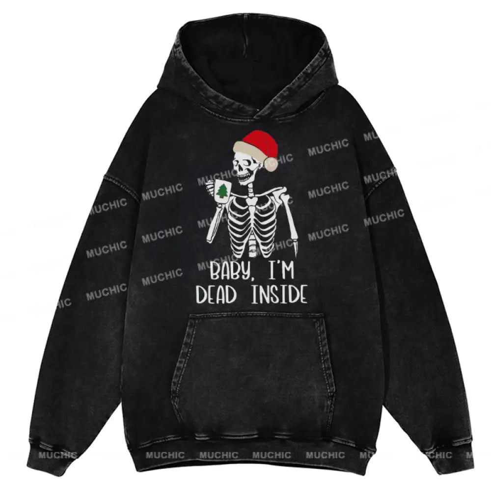 Muchic Dead Inside Unisex Printed Casual Washed Plush Thickening Hoodie Sweatshirt Black / M