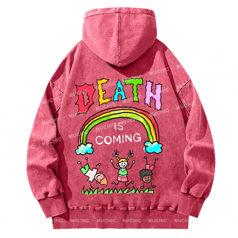 Death Is Coming Back Printed Unisex Casual Washed Hoodie Sweatshirt Hotpink / M