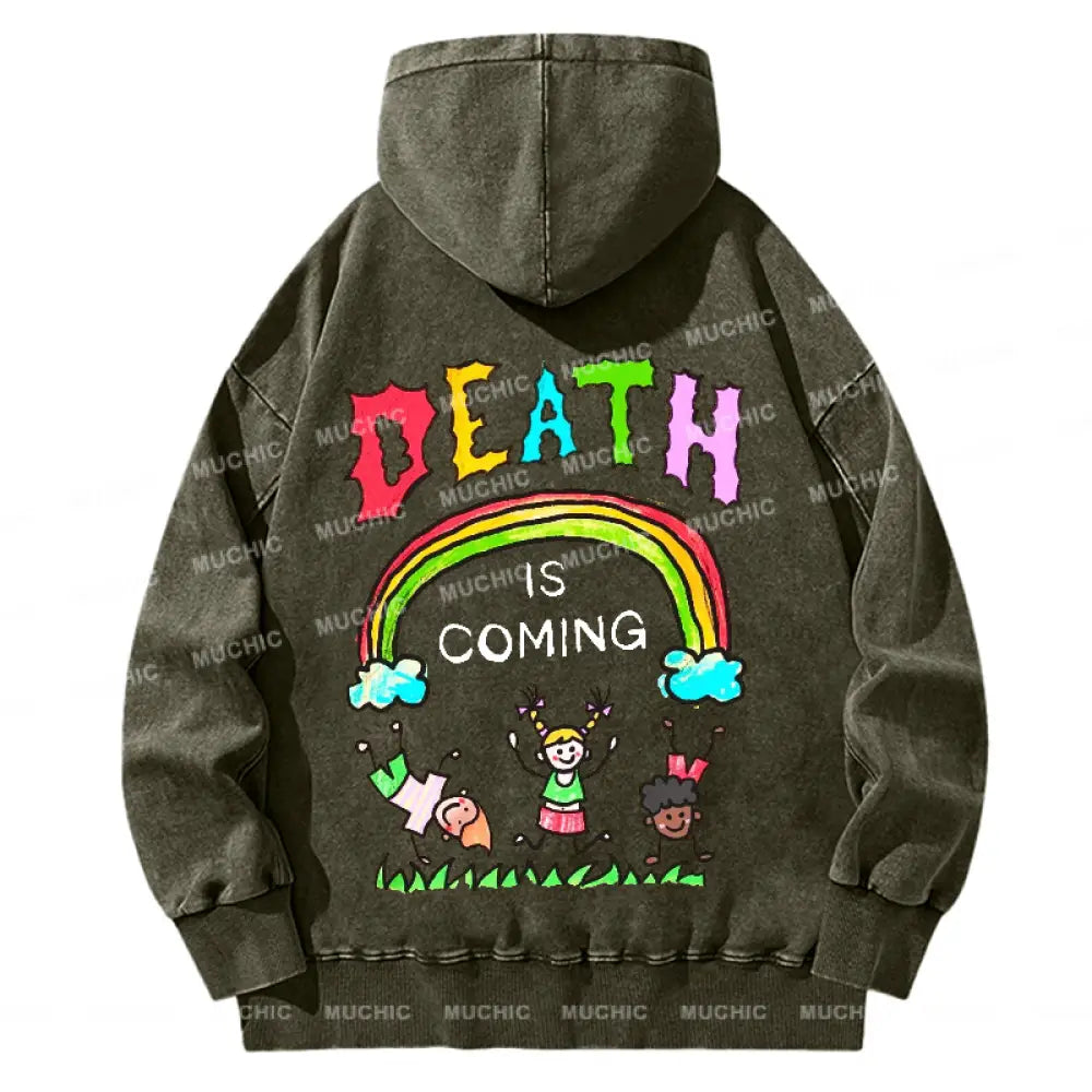 Death Is Coming Back Printed Unisex Casual Washed Hoodie Sweatshirt Olive / M