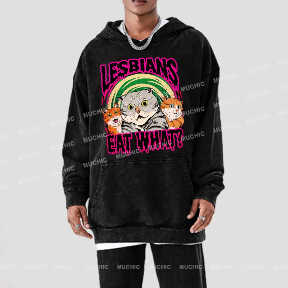 Eat What Cat Unisex Printed Casual Washed Hoodie Sweatshirt