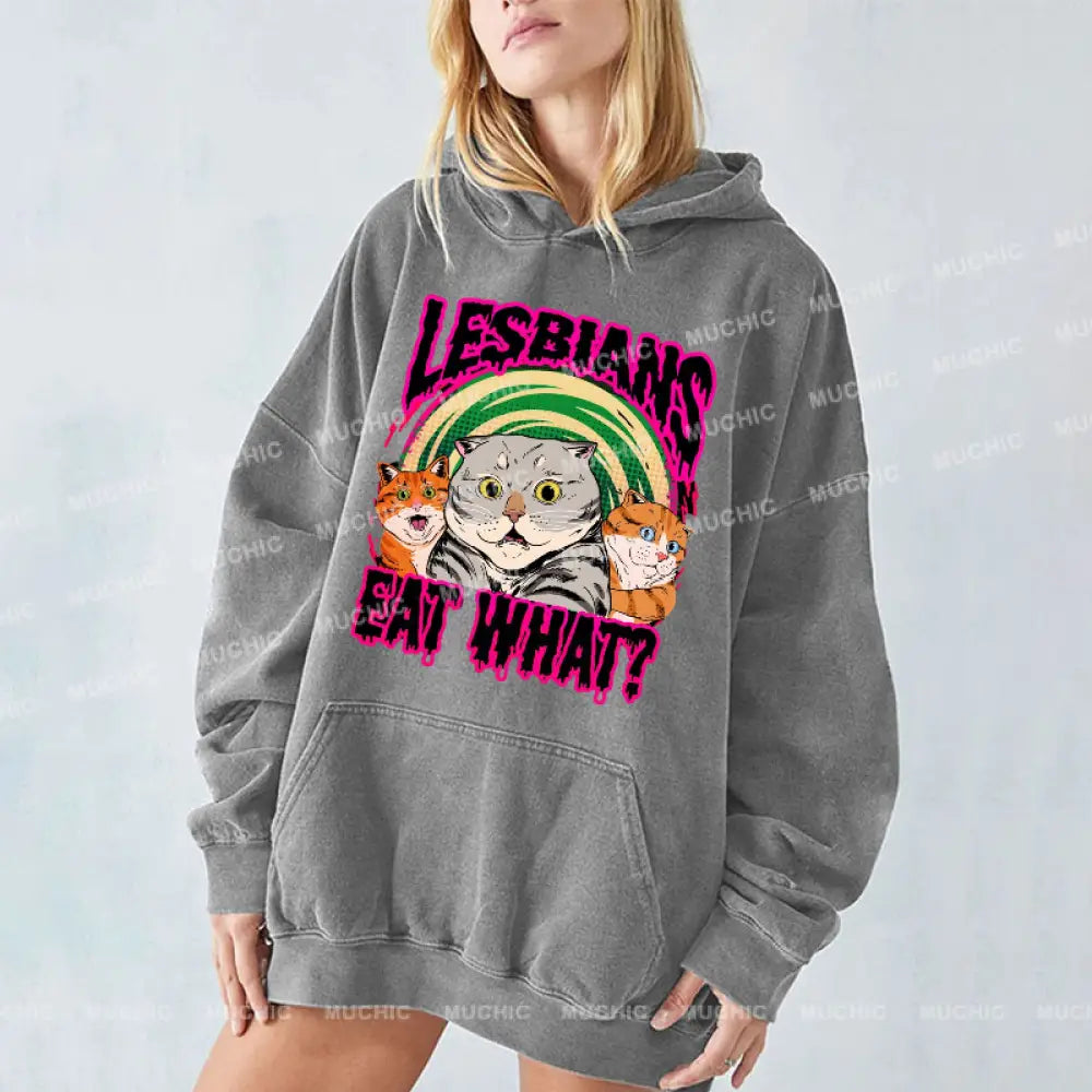 Eat What Cat Unisex Printed Casual Washed Hoodie Sweatshirt