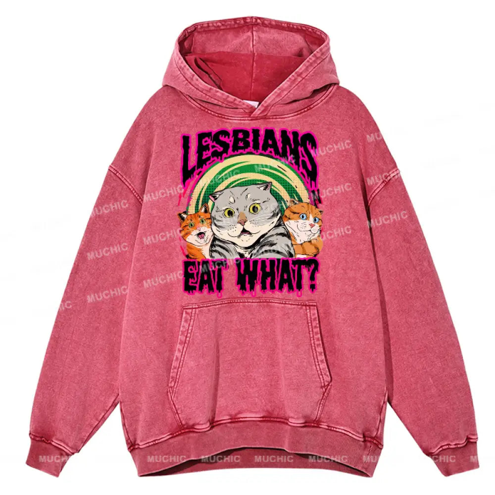 Eat What Cat Unisex Printed Casual Washed Hoodie Sweatshirt Hotpink / M