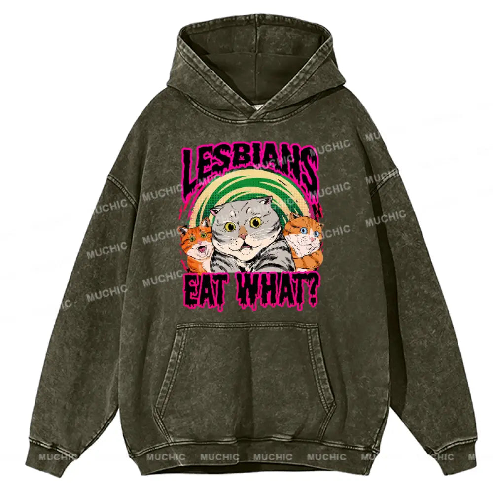 Eat What Cat Unisex Printed Casual Washed Hoodie Sweatshirt Olive / M