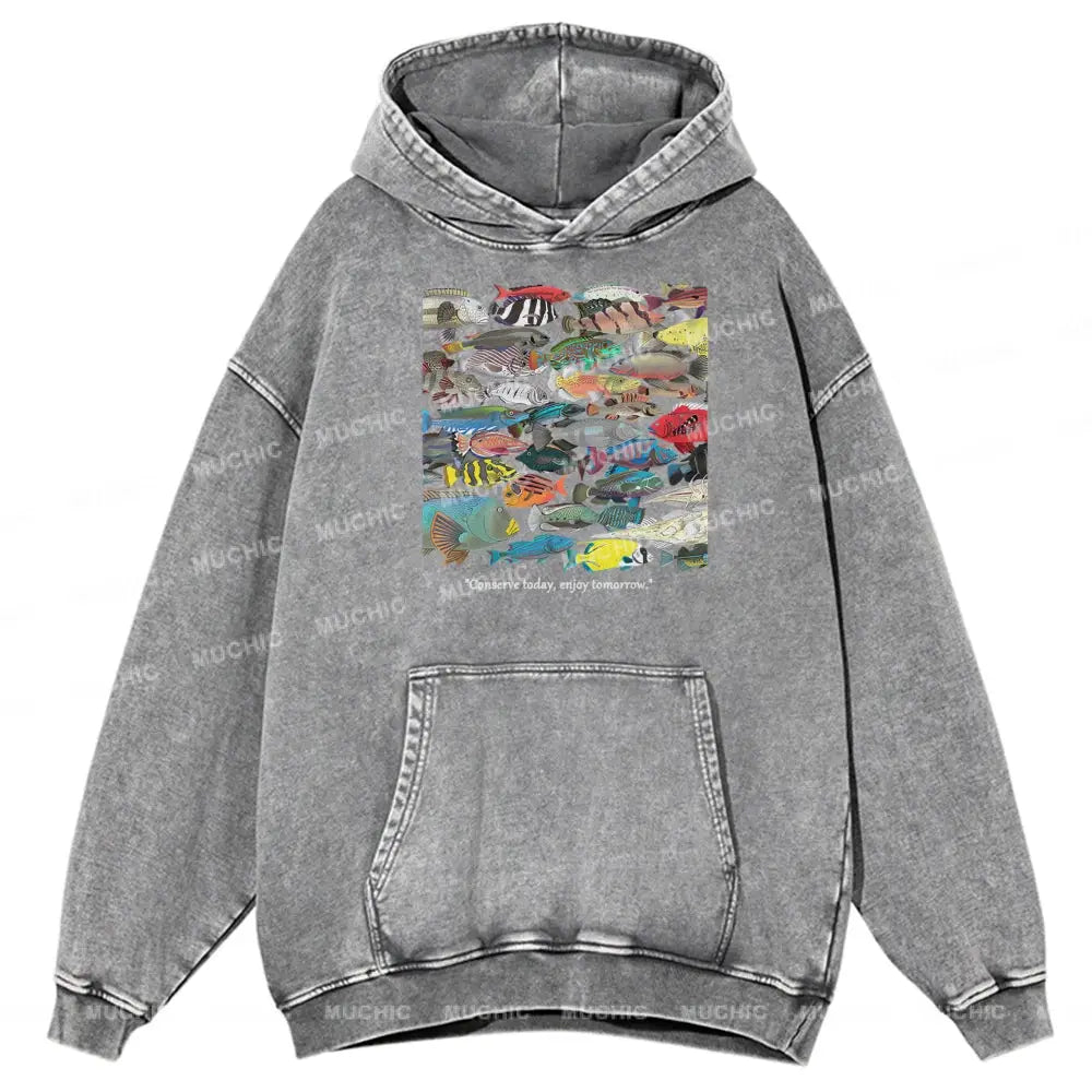 Enjoy Tomorrow Unisex Printed Casual Washed Hoodie Sweatshirt Grey / M