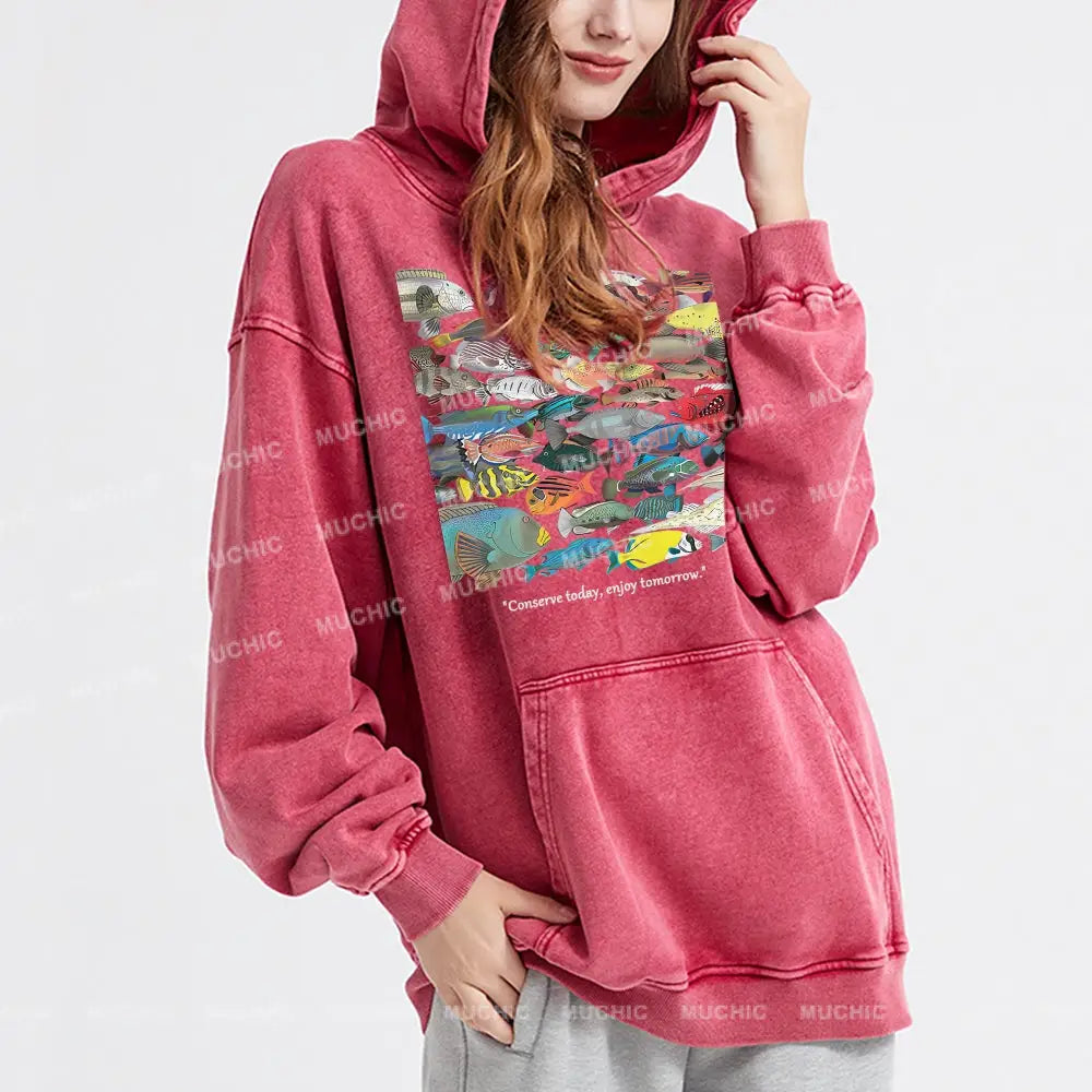 Enjoy Tomorrow Unisex Printed Casual Washed Hoodie Sweatshirt