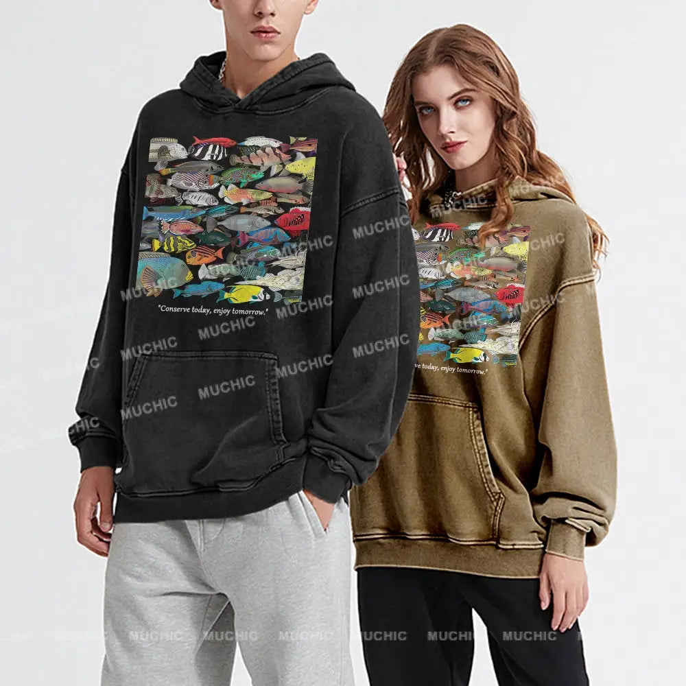 Enjoy Tomorrow Unisex Printed Casual Washed Hoodie Sweatshirt