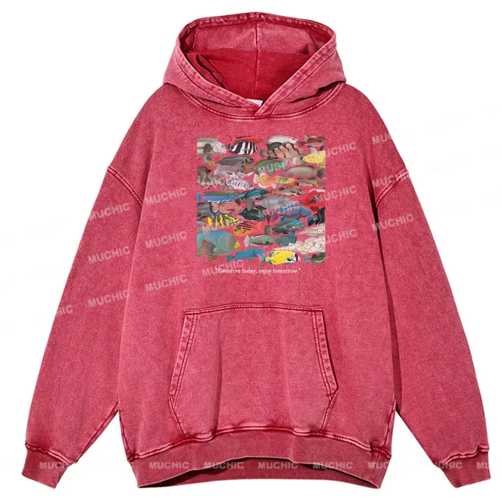 Enjoy Tomorrow Unisex Printed Casual Washed Hoodie Sweatshirt Hotpink / M