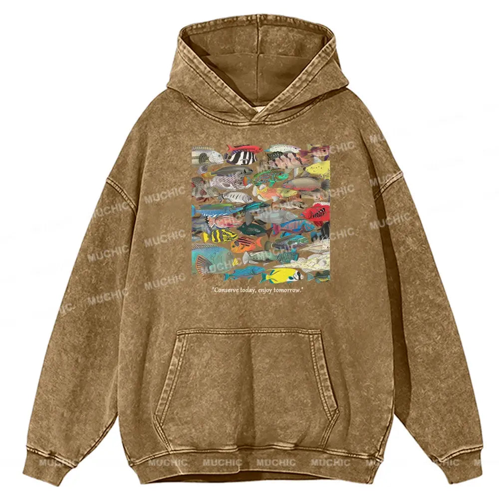 Enjoy Tomorrow Unisex Printed Casual Washed Hoodie Sweatshirt Khaki / M