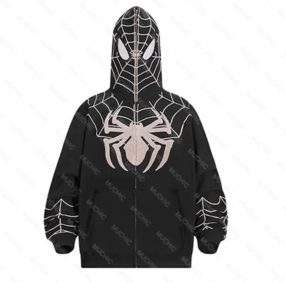 Muchic Fashion Spider Print Hooded Long Sleeve Couple Sweatshirt Black And White / S