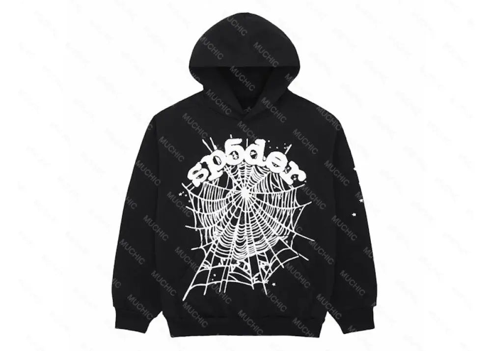 Muchic Fashion Unisex Spider Web Print Long Sleeve Hooded Sweatshirt Black / S Hoodies-Sweatshirts