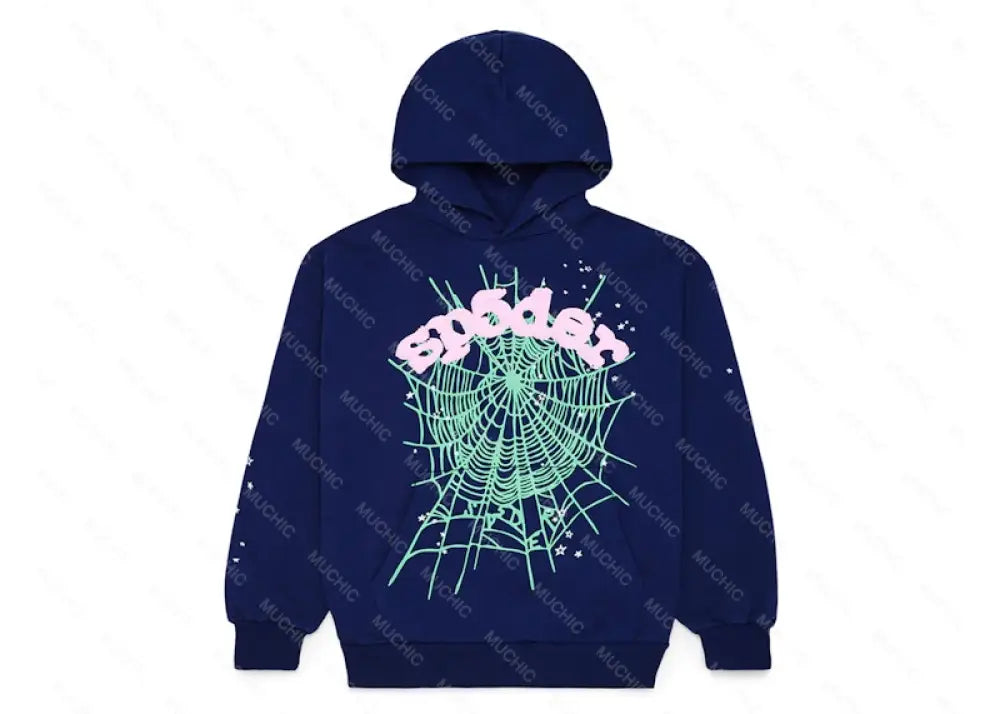 Muchic Fashion Unisex Spider Web Print Long Sleeve Hooded Sweatshirt Navy / S Hoodies-Sweatshirts