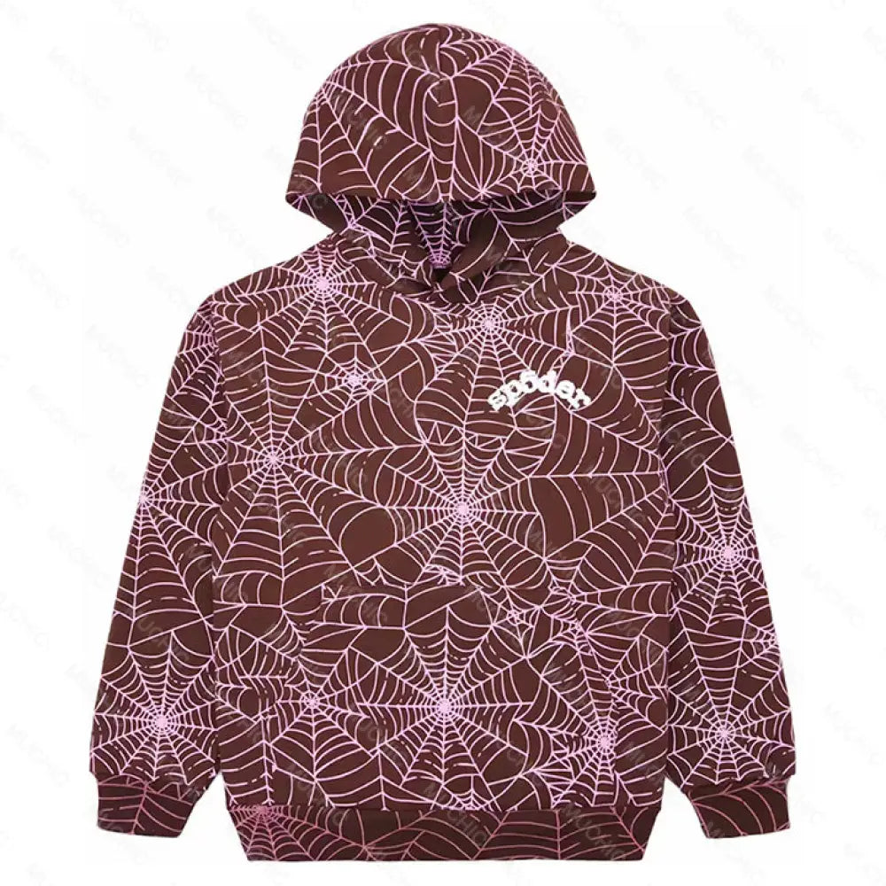 Muchic Fashion Unisex Spider Web Print Long Sleeve Hooded Sweatshirt Rose Red / S