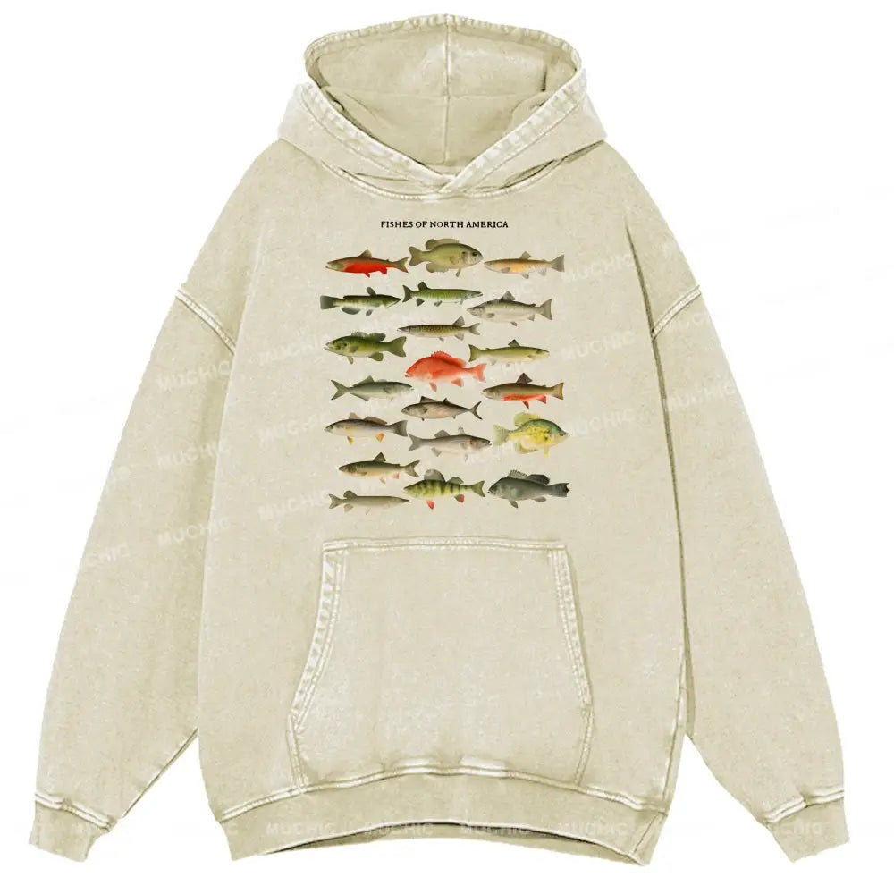 Fishes Of North America Unisex Printed Casual Washed Hoodie Sweatshirt Beige / M