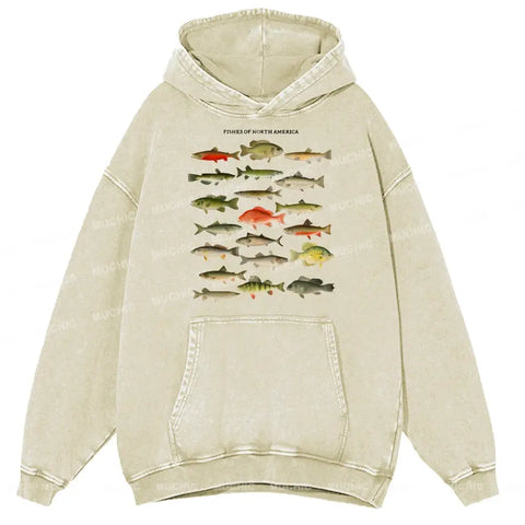 Muchic Fishes Of North America Unisex Printed Casual Washed  Plush Thickening Hoodie Sweatshirt