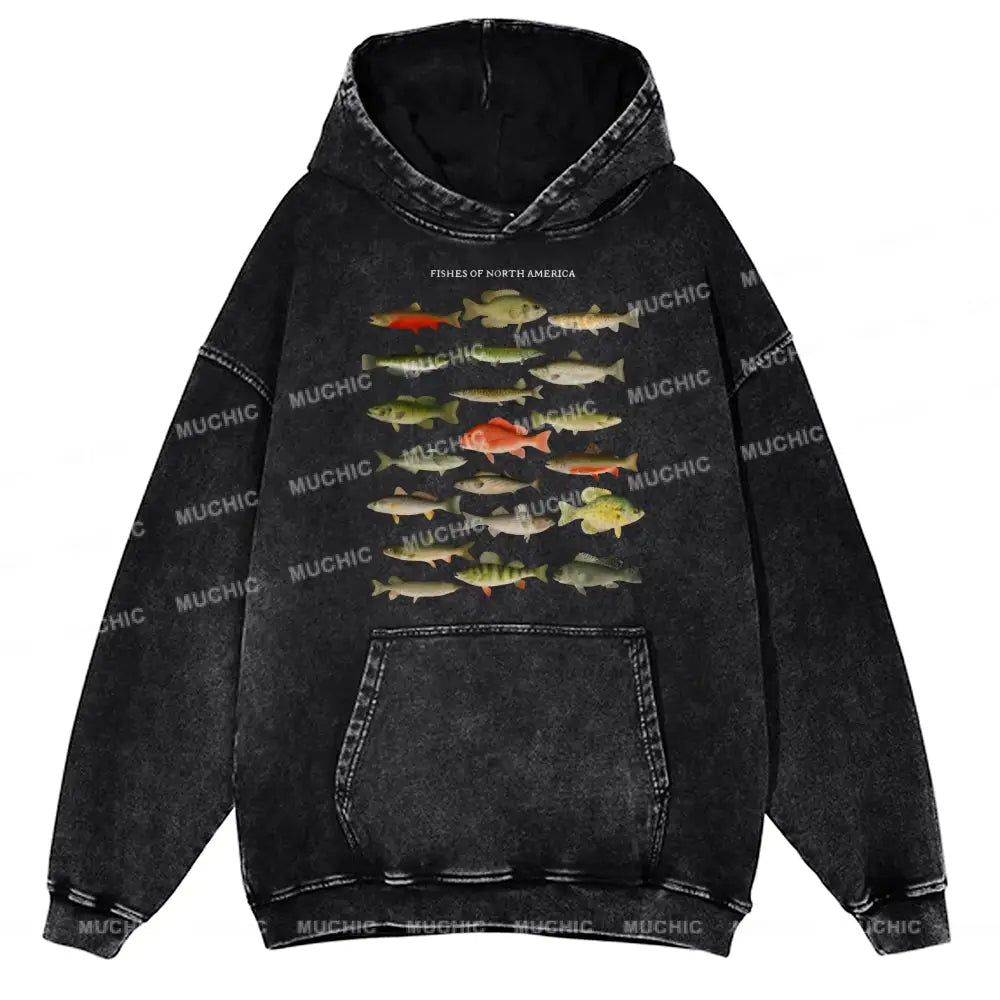 Fishes Of North America Unisex Printed Casual Washed Hoodie Sweatshirt Black / M