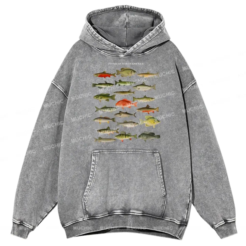 Fishes Of North America Unisex Printed Casual Washed Hoodie Sweatshirt Grey / M