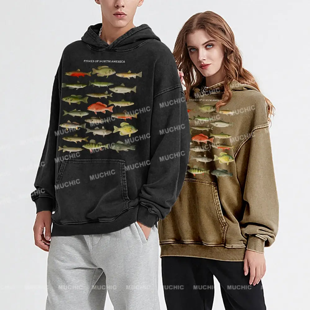 Fishes Of North America Unisex Printed Casual Washed Hoodie Sweatshirt