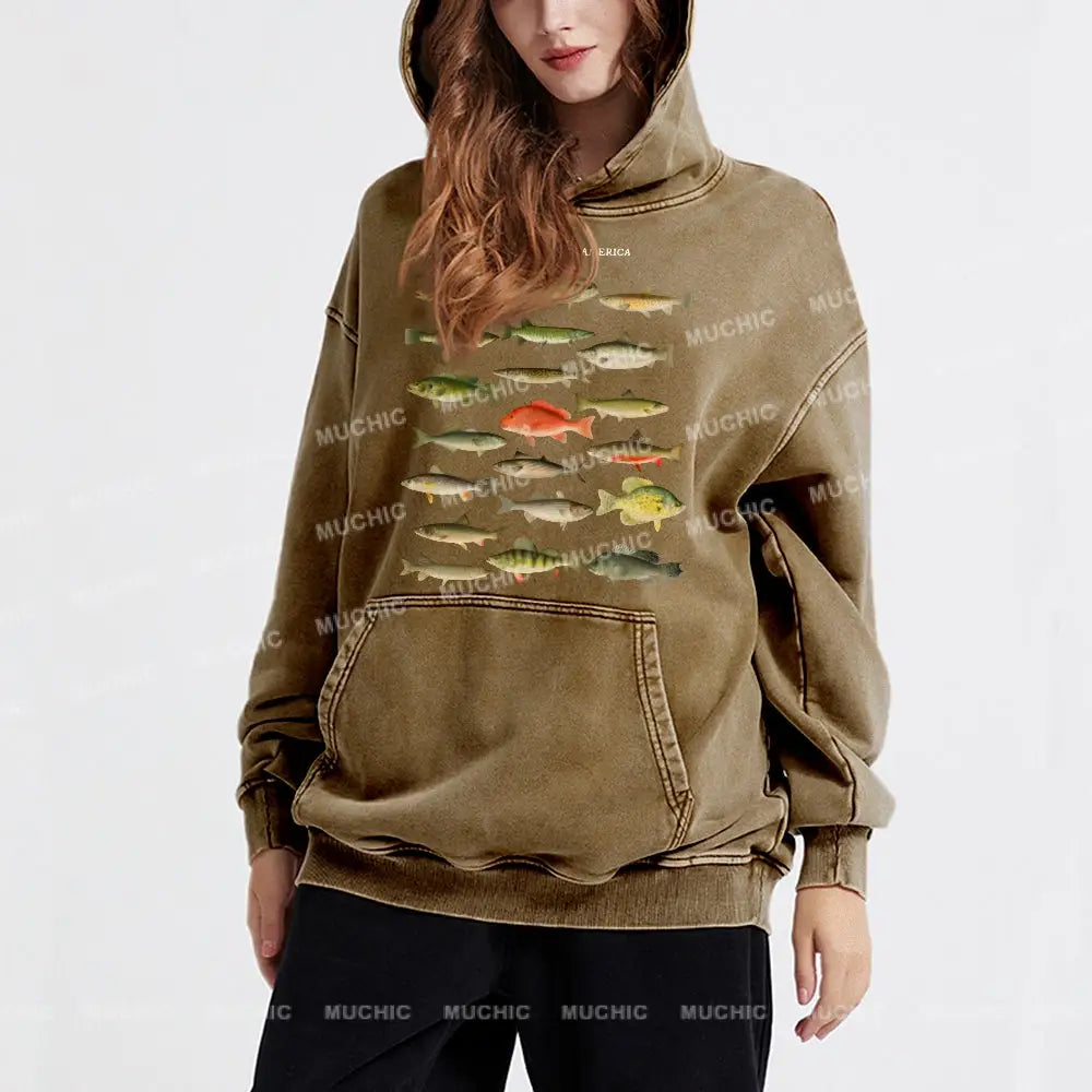 Fishes Of North America Unisex Printed Casual Washed Hoodie Sweatshirt