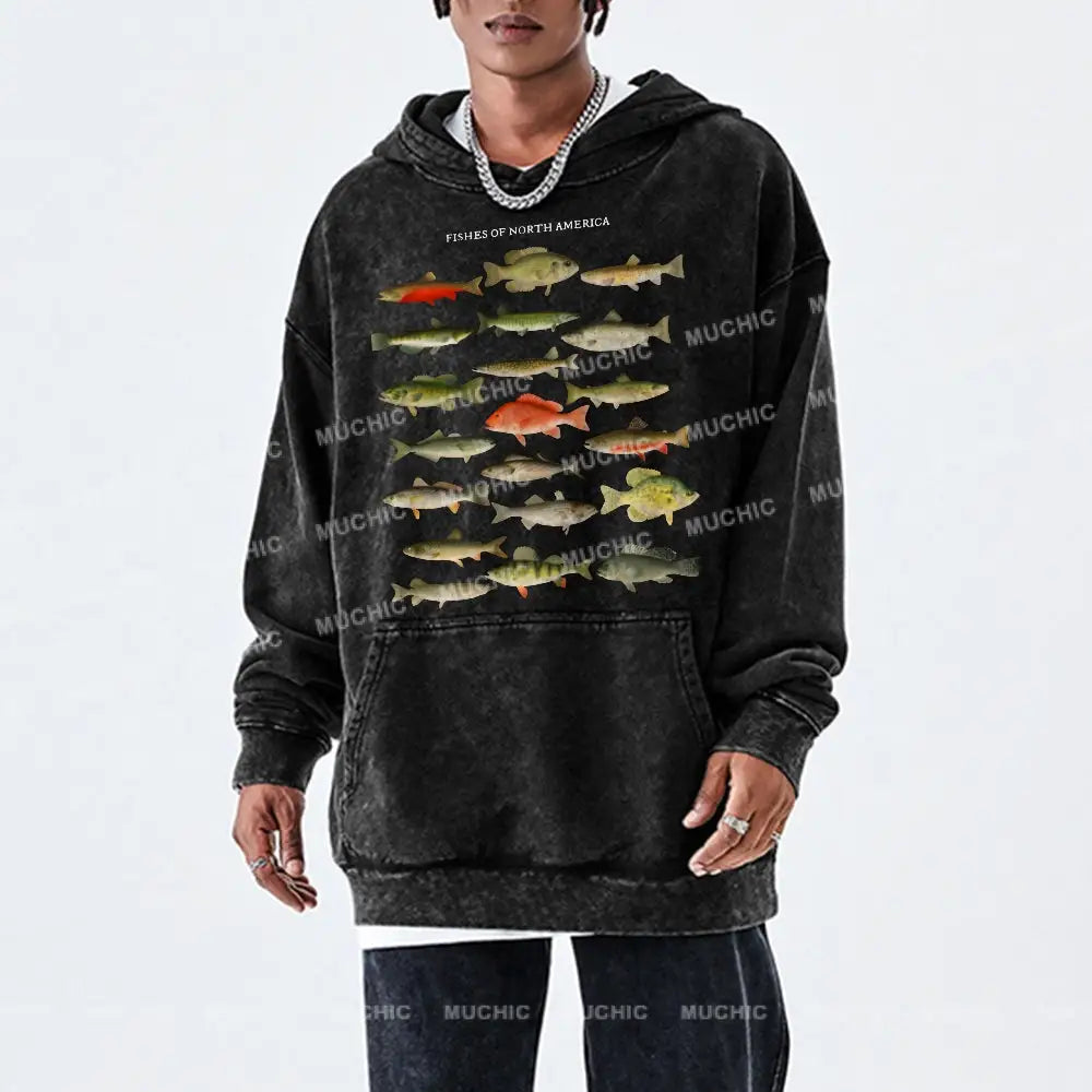 Fishes Of North America Unisex Printed Casual Washed Hoodie Sweatshirt