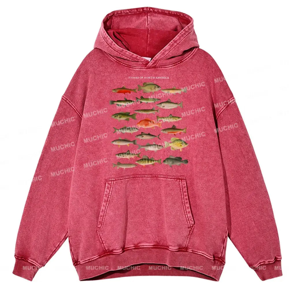 Fishes Of North America Unisex Printed Casual Washed Hoodie Sweatshirt Hotpink / M