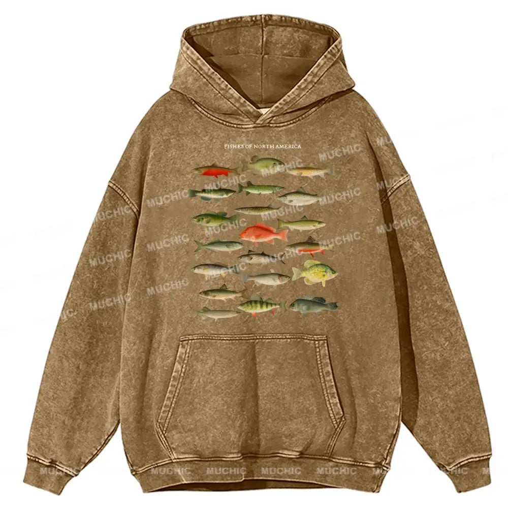 Fishes Of North America Unisex Printed Casual Washed Hoodie Sweatshirt Khaki / M