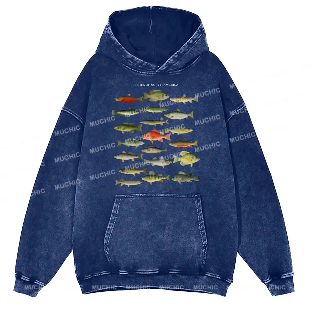 Fishes Of North America Unisex Printed Casual Washed Hoodie Sweatshirt Navy / M