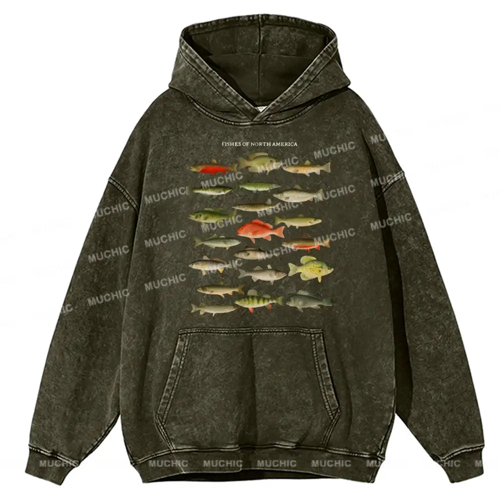 Fishes Of North America Unisex Printed Casual Washed Hoodie Sweatshirt Olive / M