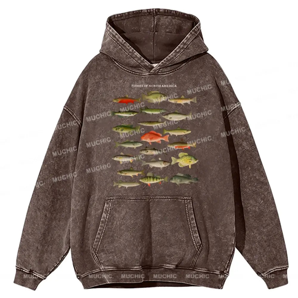 Fishes Of North America Unisex Printed Casual Washed Hoodie Sweatshirt Peru / M