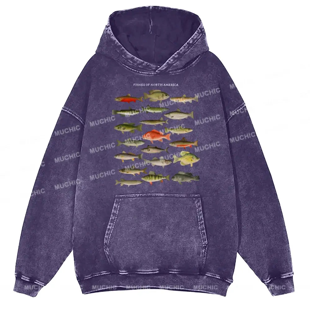 Fishes Of North America Unisex Printed Casual Washed Hoodie Sweatshirt Purple / M