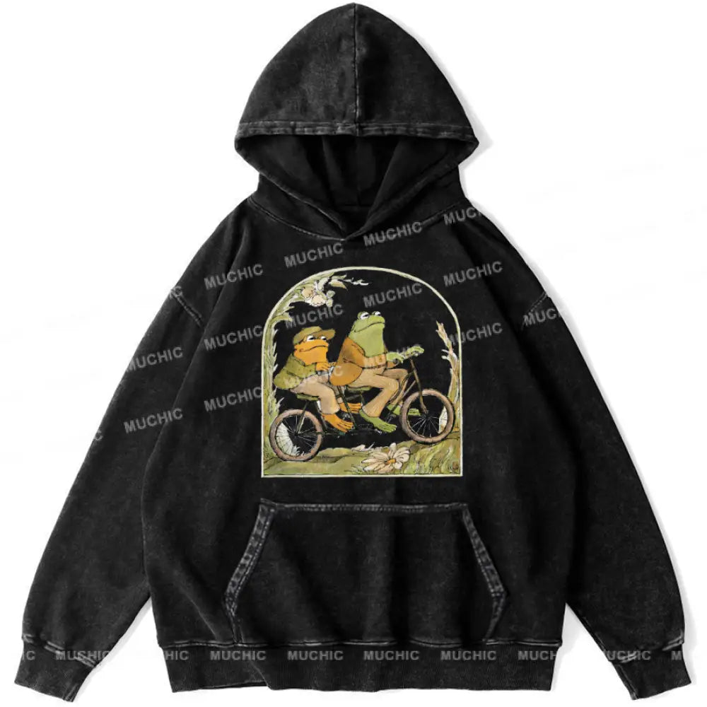 Frog And Toad Unisex Printed Casual Washed Hoodie Sweatshirt Black / M