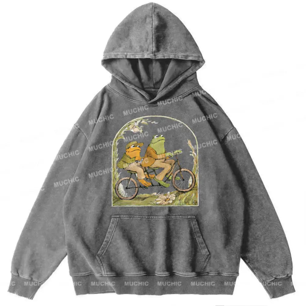 Frog And Toad Unisex Printed Casual Washed Hoodie Sweatshirt Grey / M