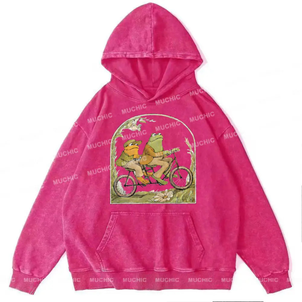 Frog And Toad Unisex Printed Casual Washed Hoodie Sweatshirt Hotpink / M