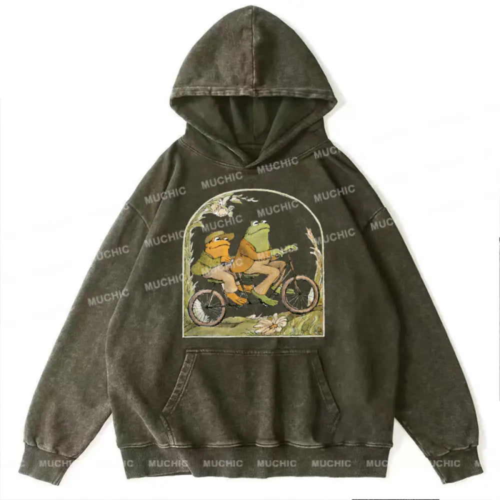 Frog And Toad Unisex Printed Casual Washed Hoodie Sweatshirt Olive / M