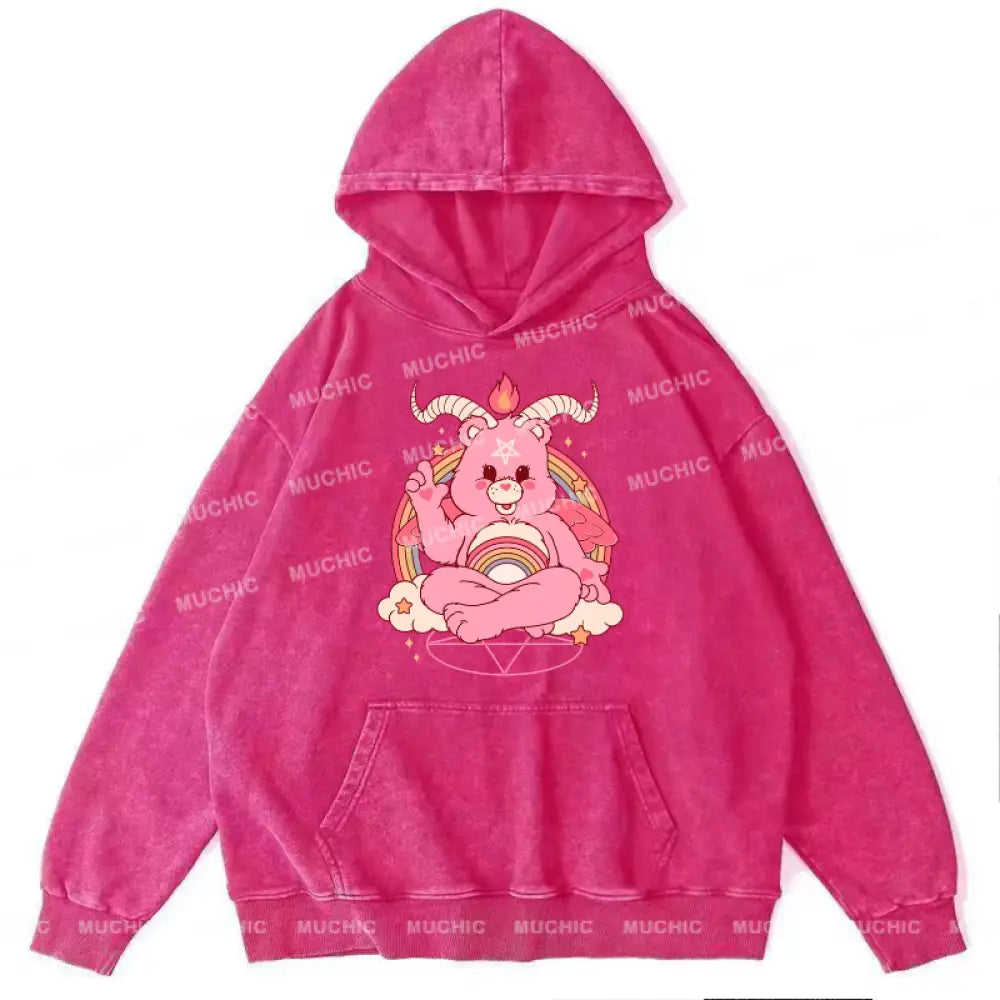 Funny Bear Unisex Printed Casual Washed Hoodie Sweatshirt Hotpink / M