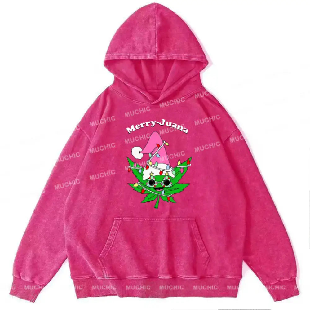 Muchic Funny Christmas Unisex Printed Casual Washed Plush Thickening Hoodie Sweatshirt Hotpink / M