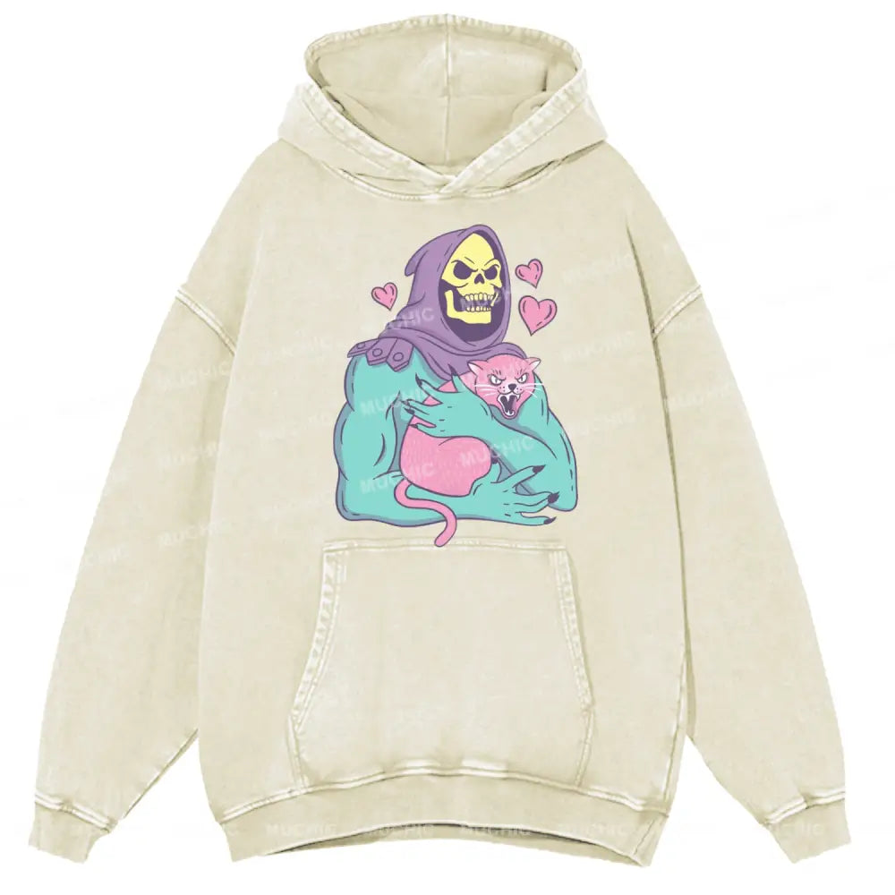 Funny Skull Cat Unisex Printed Casual Washed Hoodie Sweatshirt Beige / M