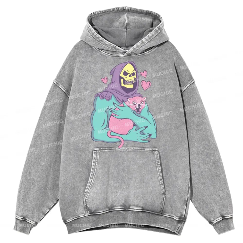 Funny Skull Cat Unisex Printed Casual Washed Hoodie Sweatshirt Grey / M