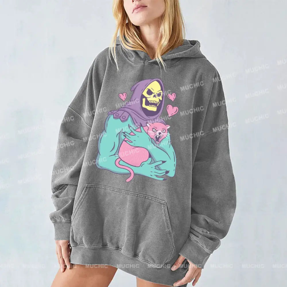 Funny Skull Cat Unisex Printed Casual Washed Hoodie Sweatshirt