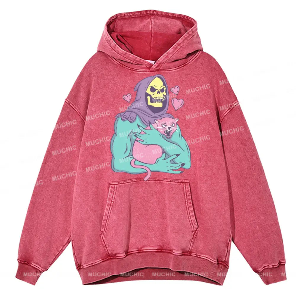 Funny Skull Cat Unisex Printed Casual Washed Hoodie Sweatshirt Hotpink / M