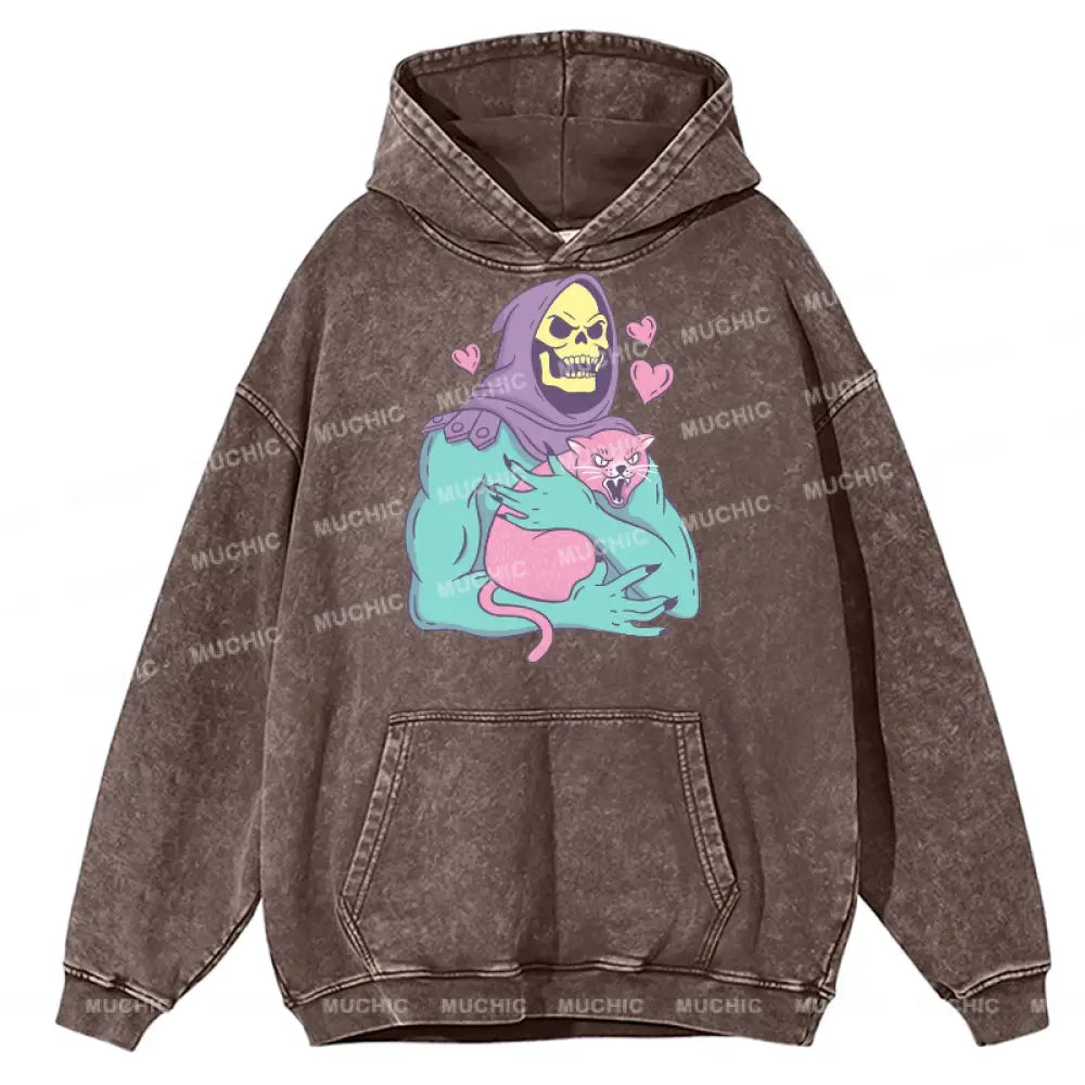 Funny Skull Cat Unisex Printed Casual Washed Hoodie Sweatshirt Peru / M