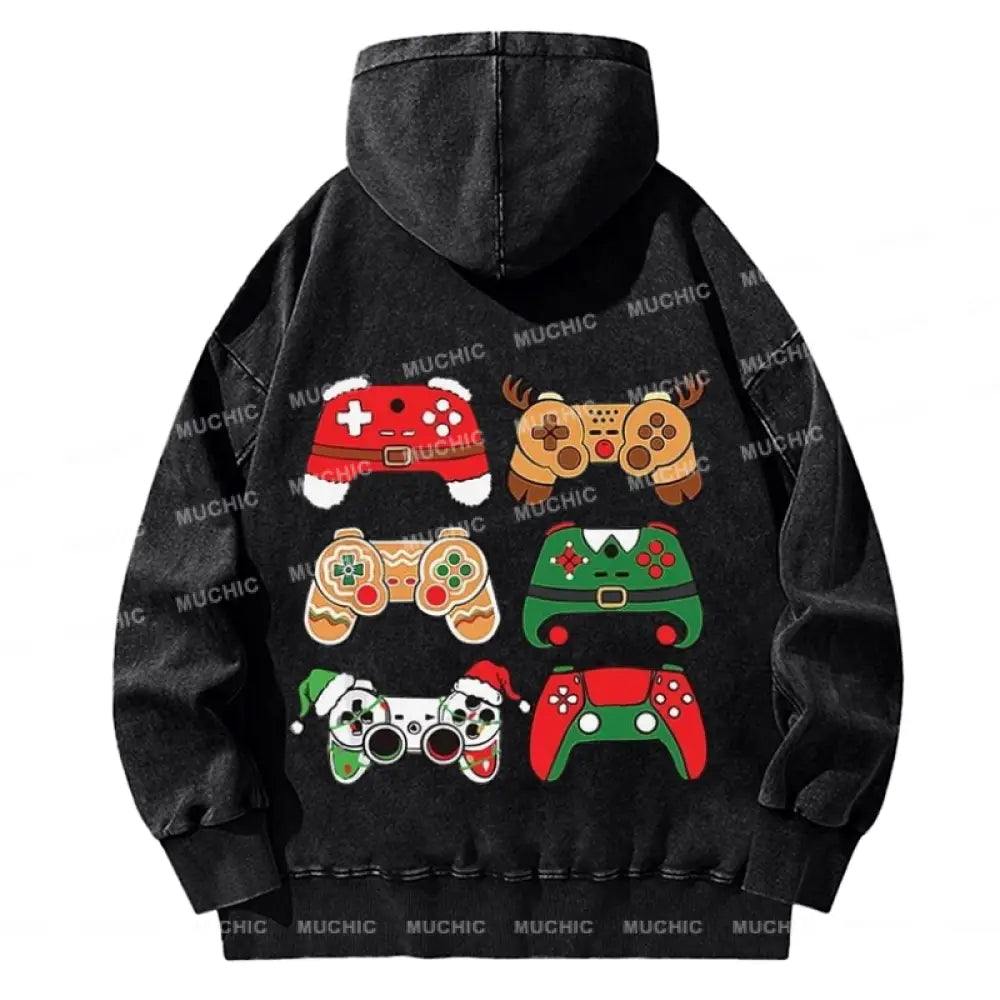 Muchic Game Christmas Back Printed Unisex Casual Washed Plush Thickening Hoodie Sweatshirt Black / M