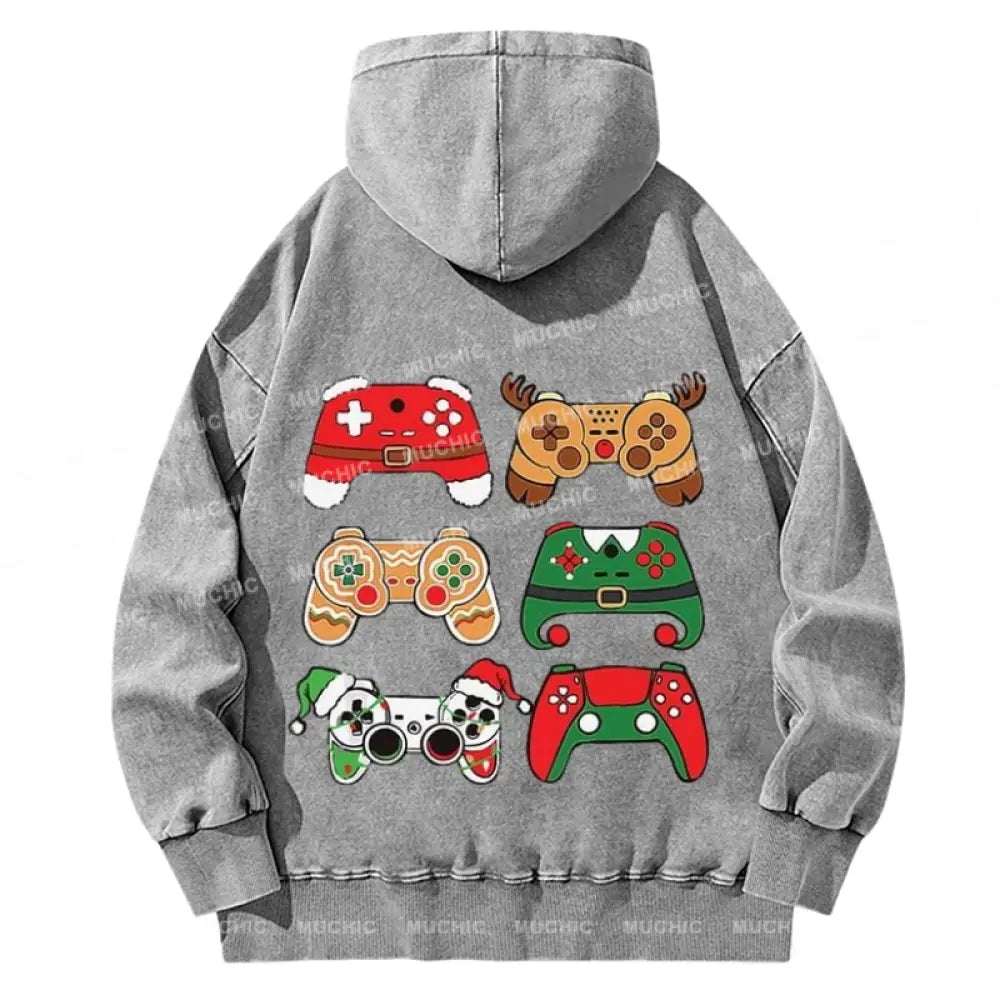 Muchic Game Christmas Back Printed Unisex Casual Washed Plush Thickening Hoodie Sweatshirt Grey / M