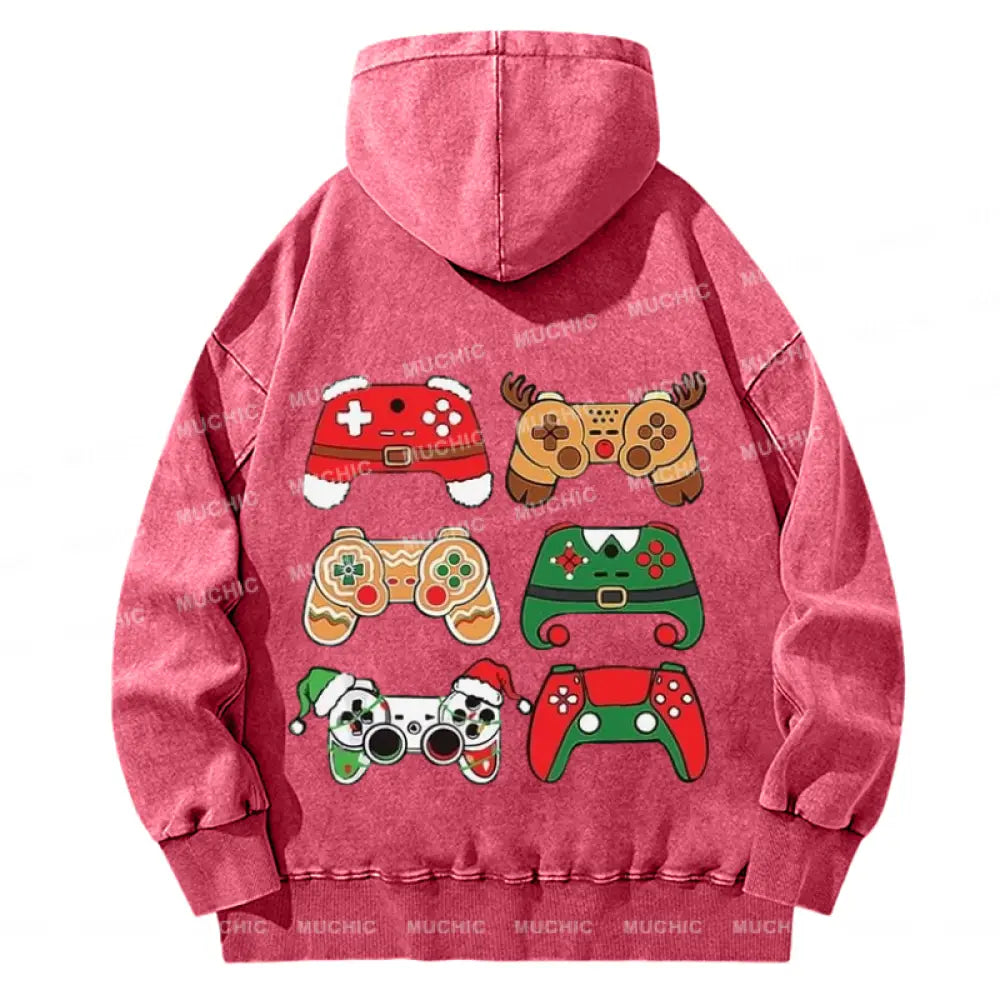 Muchic Game Christmas Back Printed Unisex Casual Washed Plush Thickening Hoodie Sweatshirt Hotpink