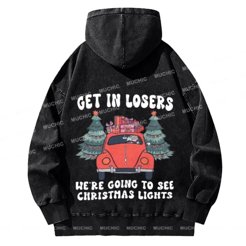 Muchic Get In Losers Back Printed Unisex Casual Washed Plush Thickening Hoodie Sweatshirt Black / M